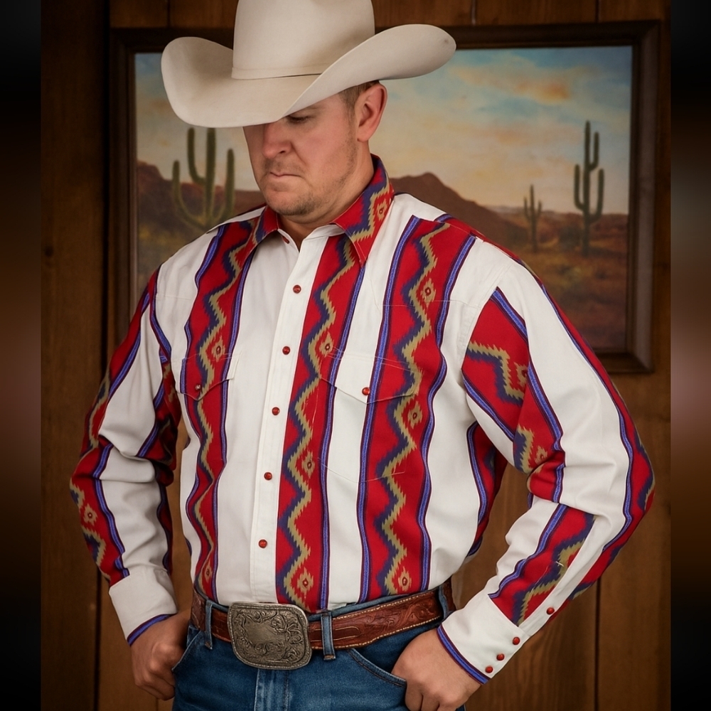 Wrangler vtg Men's Red/Cream Long tail Aztec Western Cowboy Rare Shirt Sz XL